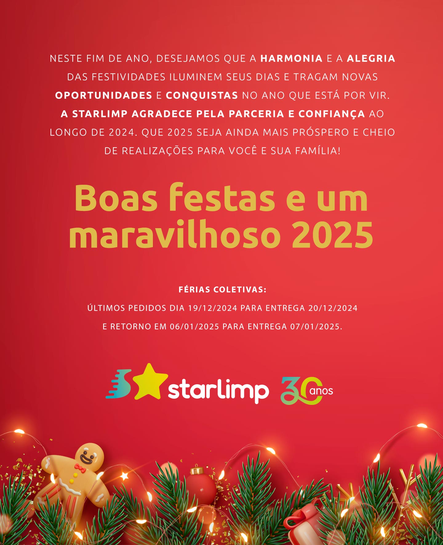 Férias coletivas: últimos pedidos dia 19/12/2024 para entrega 20/12/2024 e retorno em 06/01/2025 para entrega 07/01/2025.